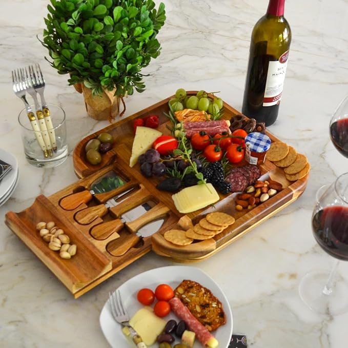 Picnic at Ascot Bamboo Cutting Board for Cheese & Charcuterie with Ceramic Dish, Knife Set & Cheese Markers - Designed & Quality Checked in The USA