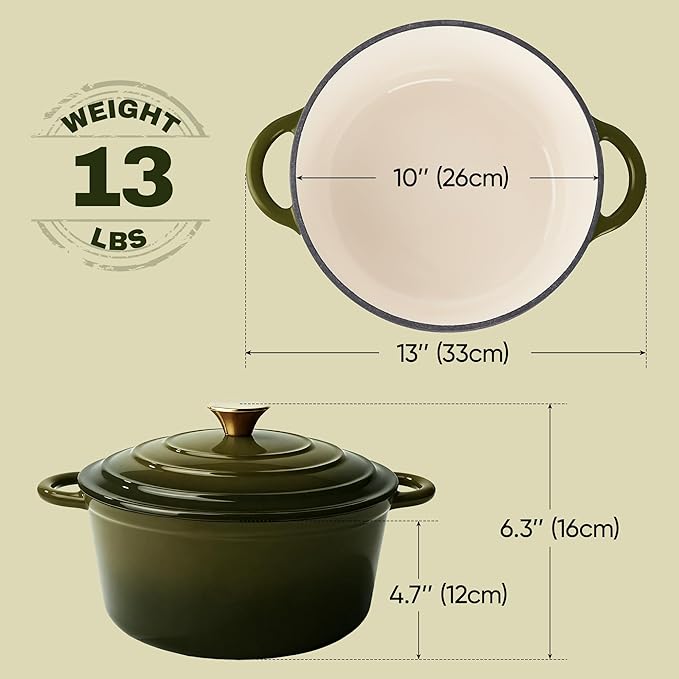 Vintage Style 6 Quart Dutch Oven Pot with Lid, Non Stick Enameled Cast Iron Dutch Oven for Bread Baking, Heavy-Duty, Oven Safe Ceramic Cookware Up to 500째F for Baking, Braising, Stews, Roasting, Golden Green