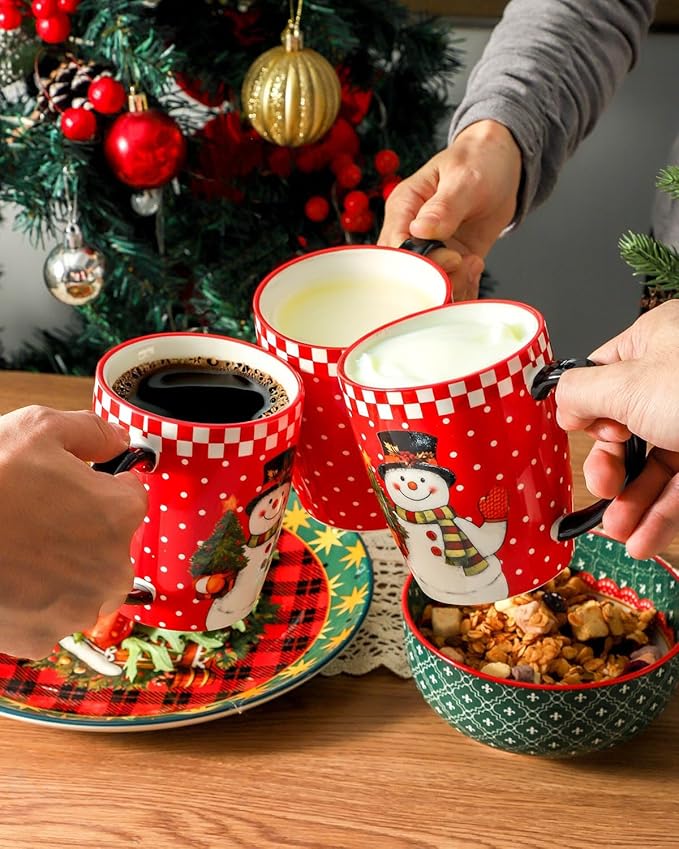 HASENSE Coffee Mugs, 15 OZ Coffee Cups Ceramic Set of 4 with Handle and Snowman Patterns for Man Woman, Colorful Christmas Porcelain Coffee Cups Set for Tea, Cocoa, Milk, Latte and Cappuccino