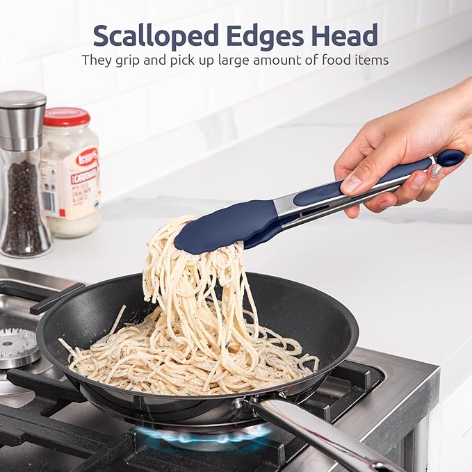600쨘F Heat Resistant Kitchen Tongs: U-Taste 9 in Silicone Cooking Tong with Firm Sealed Non Stick Rubber Tips & Silicon Coated 18/8 Stainless Steel Handle & Smooth Lock for Serving Grill-Midnight Blue