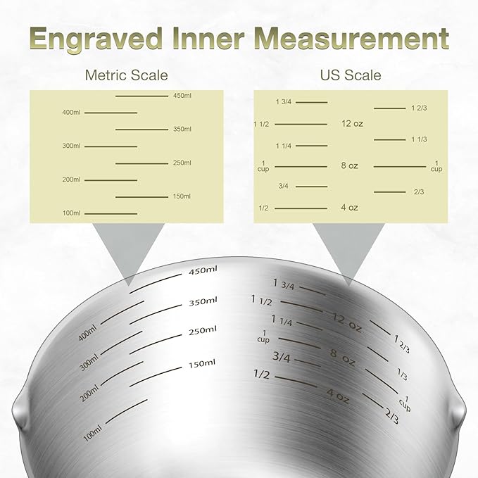 BERYLER 1PCS 2Cup (480ml, 16oz) Single Measuring Cup, Etched Inner Scale Stainless Steel Measure Scoop, Metric and US Measurement, Dishwasher Safe