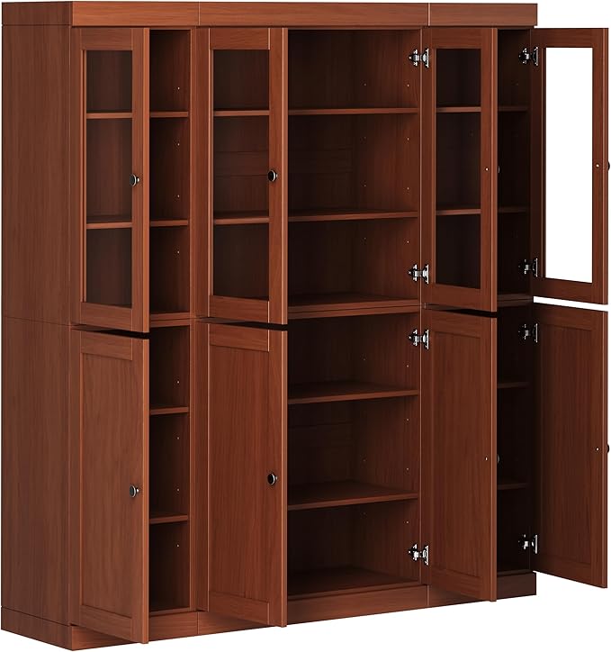 Palace Imports 100% Solid Wood Kitchen China Pantry Cabinet, 65" W - 4 Clear Glass & 4 Shaker Doors, Renewable Eco-Friendly Wood, Made in Brazil (Mocha, 8 China/Shaker Doors | NO Drawers)