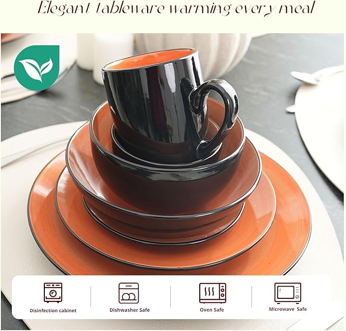 Stoneware Sonoma Dinnerware Set, Black + Speckled Spin Wash (56pc Set, Orange)