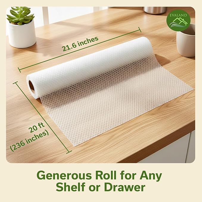 EVALAND Shelf Liners for Kitchen Cabinets Non-Adhesive 21.6" x 20 FT Clear Drawer Liner Non Slip, Washable Cabinet Liner, Waterproof Shelf Liners for Cabinets, Refrigerator Bathroom Pantry Cabinet Mat