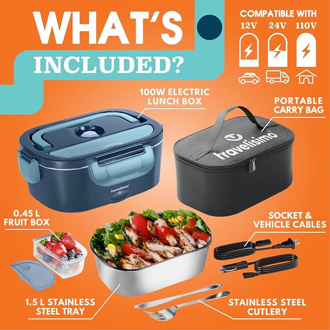TRAVELISIMO Electric Lunch Box for Adults 100W Heated Lunch Box For Men 1.5L Stainless Steel Portable Food Warmer, 12/24/110V Electric Food Warmers for Travel & Work Loncheras Para Hombres de Trabajo