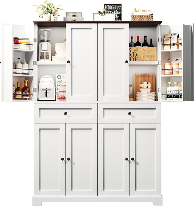 71" Kitchen Pantry Cabinet with 6 Door Shelves, Tall Pantry Storage Cabinet with 8 Doors & 4 Adjustable Shelves, Modern Kitchen Pantry with 2 Large Drawers for Dining Room, Living Room, White