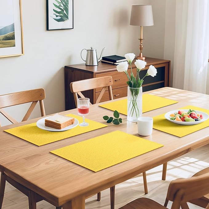 Blue Forest | Rectangular Faux Linen Placemats Set of 6 | Dual- Layered Thickened for Durability | Heat Resistant | Machine Washable | Wrinkle Free for Easy Care Indoor/Outdoor Use - Bright Yellow