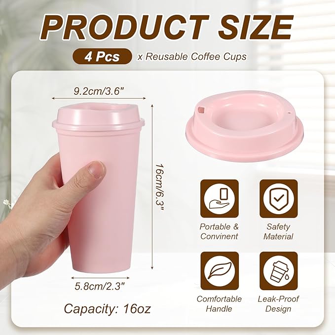 uxcell 4Pcs Reusable Coffee Cups with Lids, 16oz Travel Coffee Mugs Spill Proof Water Tumblers Drinking Cups for Hot and Cold Drinks Juice Tea, Pink