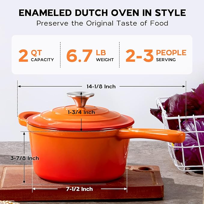 Onader 2 Quart Saucepan with Lid, Enameled Cast Iron Sauce Pan, Small Cooking Sauce Pot, Enamel Dutch Oven Pot Nonstick ??Sunset Orange