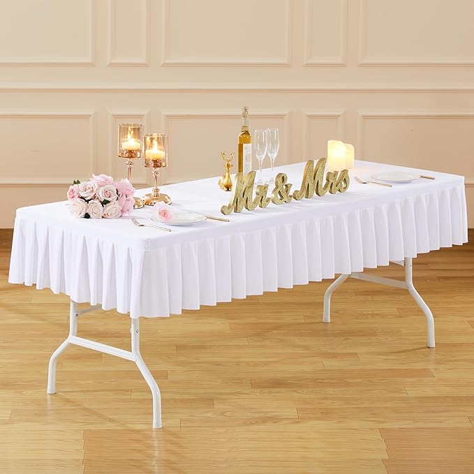 Wish Care 6 Pack White Spandex Tablecloths for 6 Foot Rectangle Tables, Wrinkle Free Fitted Table Cover Rectangular Stretch Table Clothes Ruffles Pleated Desk Skirt for Wedding Birthday Banquet Party