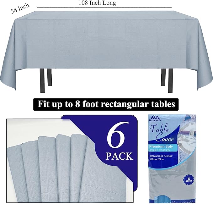 [6 Pack] Silver Paper Tablecloth Disposable for Rectangle Tables, 54 X 108 Inch Party Table Cover with Plastic Backing, Waterproof 3 Ply Table Cloth for Wedding Banquet Birthday