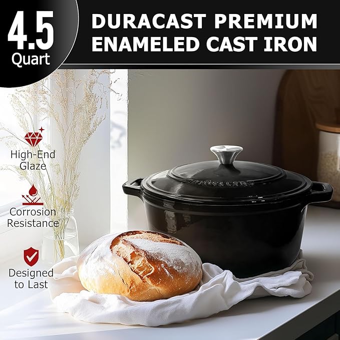 MUELLER HOME 4.5 QT Enameled Cast Iron Dutch Oven, Heavy-Duty Casserole Dish and Braiser Pan with Lid and Stainless Knob, Oven-Safe up to 500째 F & Across All Cooktops, Black
