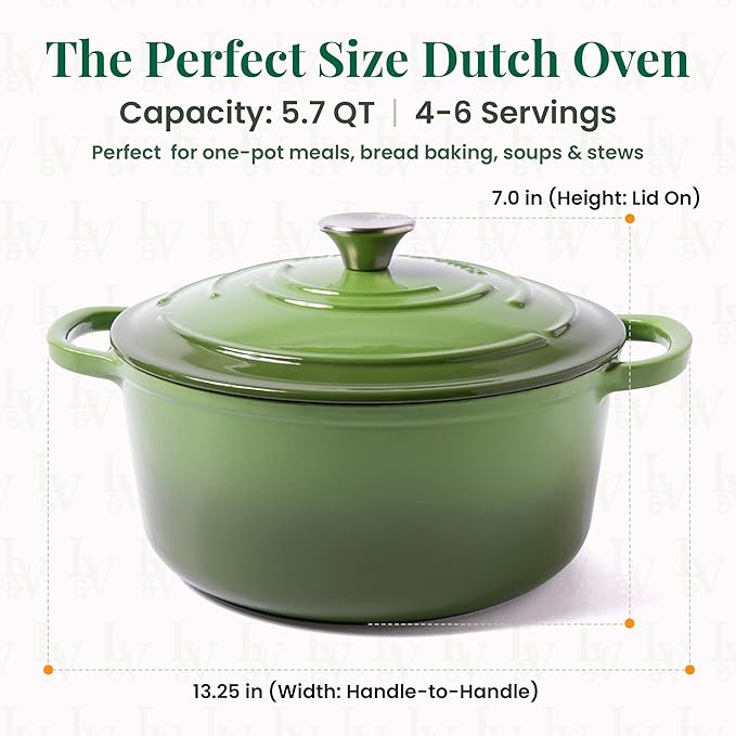Larder & Vine Enameled Cast Iron 5.7qt Dutch Oven Pot with Lid | Bread Baking | Compatible on All Cooktops & Oven Safe to 500째 F | Great for Sourdough Bread | Okra
