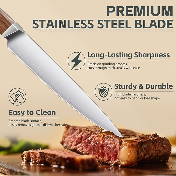 Purple Dragon Steak Knives Set of 4 - Smooth Edge Non-Serrated Blade with Square Wooden Handle ??Elegant, Balanced, High Carbon German Steel - Christmas Gift for Men and Women