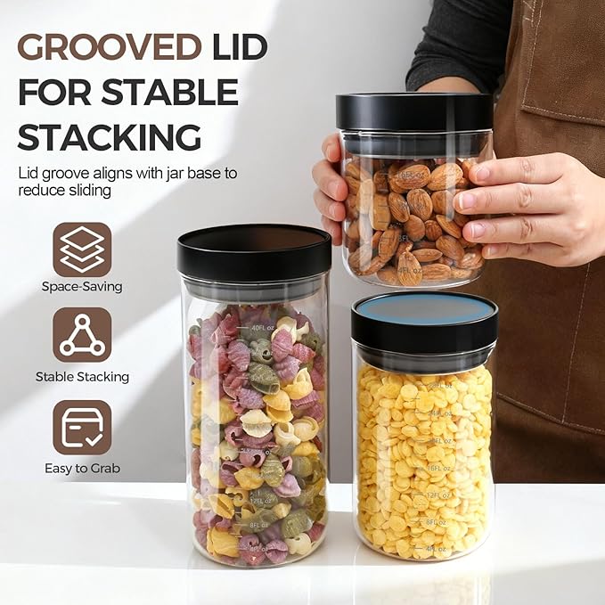 Danbark Set of 4 30oz Airtight Glass Storage Canisters with Lids - Pantry Organizers and Storage Glass for Kitchen - for Pantry, Flour, Sugar, Coffee, Tea, Pasta, Rice, and Snacks - Black