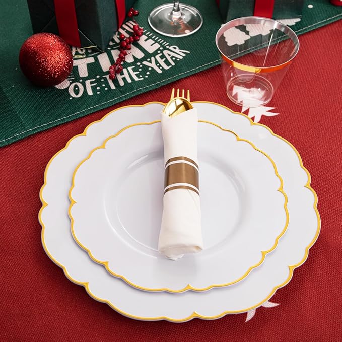 Morejoy 175PCS Gold Plastic Plates竊똚hite Gold Disposable Plates with Pre Rolled Napkins:25 Dinner Plates,25 Dessert Plates,25 Spoons,25 Forks,25Knives,25Cups,25Napkins for Party & Christmas