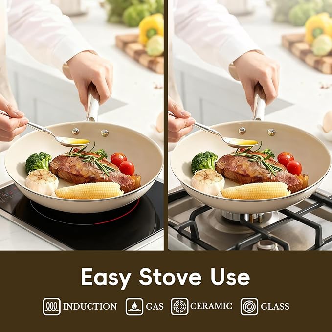 Nonstick Frying Pan Skillet, Ceramic Non-Stick Saute Pans, Cooking Fry Pan, All Stovetops (Gas, Electric & Induction), Dishwasher/Oven Safe, PFAS-Free Cookware(Cream White, 11 Inch)