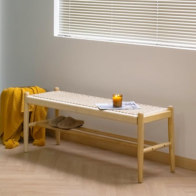 XINNAN Solid Wood Entryway Bench with Shoe Storage, Rustic Oak and Woven Design 45 Inch Long Seating for Living and Dining Rooms, Natural