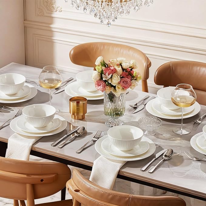 KINGSTONE Bone China Dinnerware Set, 12-Piece White Lightweight Porcelain with Textured Design Service for 4, Plates, Bowls, for Family Dining, Restaurants, Gifting竊똌icrowave and Dishwasher Safe