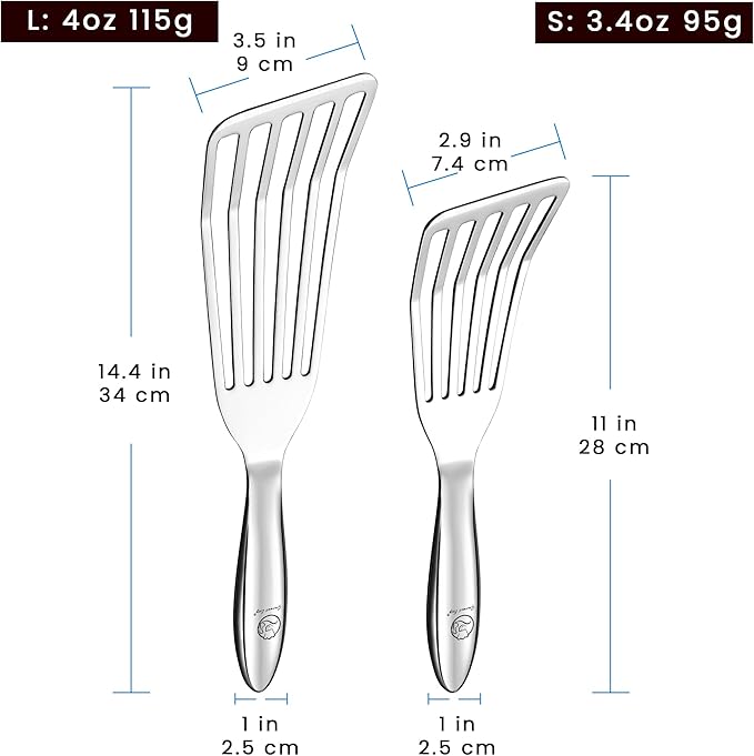 Stainless Steel Fish Spatula Set ??1 Large Fish Turner + 1 Small Metal Spatula, Ultra Thin Edge for Easy Turning & Flipping, Metal Kitchen Untensils with Ergonomic Non-Slip Handle, Dishwasher Safe