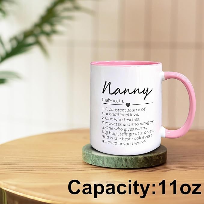 QASHWEY Nanny Definition Coffee Mug, Nanny Grandma Mother's Day Birthday Gifts for Granddaughter Grandson, Best Grandma Nanny Gifts Double Side Printed Ceramic Mug Cup 11 Ounce(Pink)