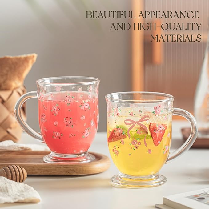 16oz Valentine's Coffee Mugs Set of 2 - Clear Flower Rose Bow Pattern Cups with Handle, Romantic Mug, Sweet Valentine's Gifts for Couple Drinking Glasses for Valentines Party- Dishwasher Safe