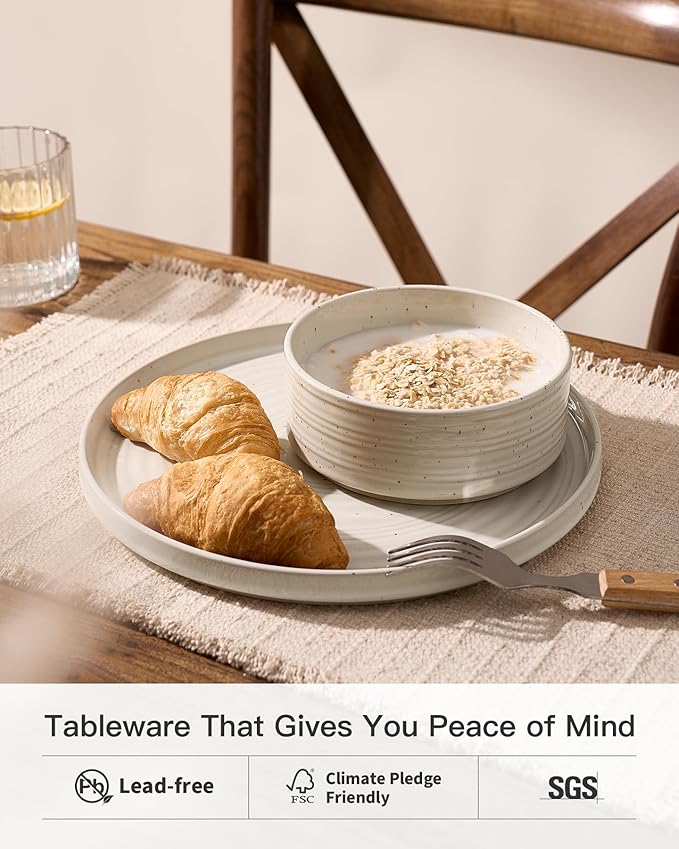 Plates and Bowls Sets for 6, Famiware Premium 18-Piece Stoneware Dinnerware Set - Reactive Glaze with Speckles & Spirals, Chip & Scratch Resistant, Dishwasher Safe, Dish Set with Gift Box, Shell Beige