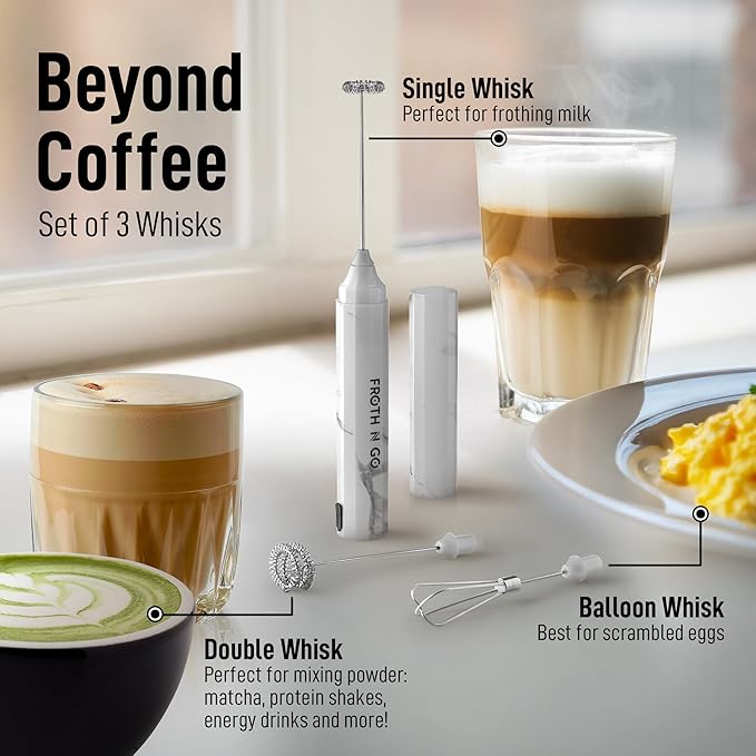 Zulay Froth N Go Milk Frother ??Rechargeable 3-in-1 Handheld Frother Wand with Travel Case & USB-C Charger ??Single, Double & Egg Whisk for Latte, Cappuccino, Matcha, Protein Shakes ??White Marble