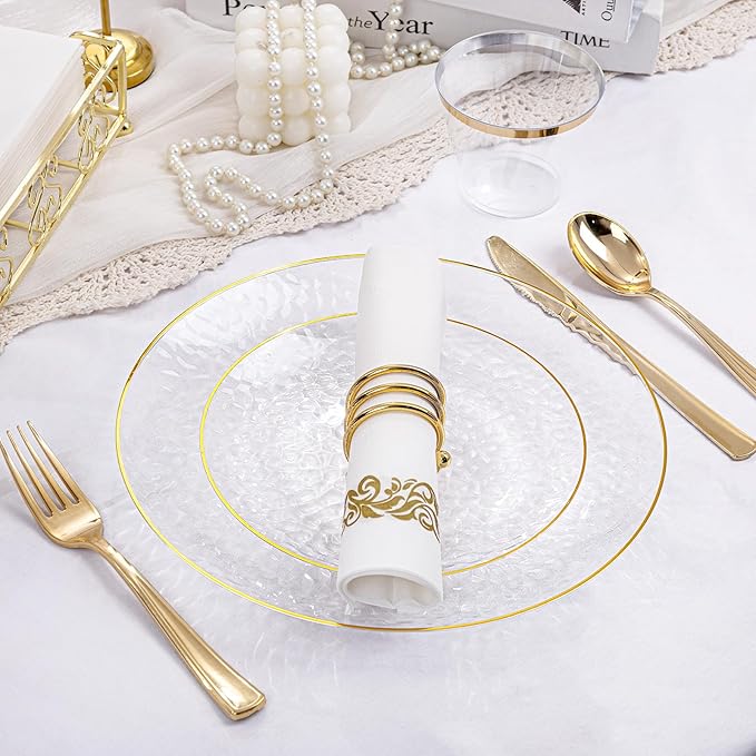 Rubtlamp 100Pcs Clear Gold Plastic Plates, Disposable Plates With Gold Rim, Heavy-duty Party Platos, Hammered Plastic Plates Include 50 Clear Dessert Plates, 50 Dinner Plates for Party