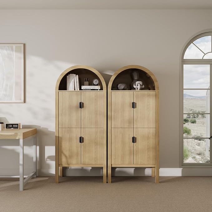 71" Tall Arched Fluted Storage Cabinet - Modern Pantry Cabinet with 4-Tier Shelves, Open Display & Sealed Storage, Accent Sideboard for Living Room Kitchen Dining Room (Natural Wood)