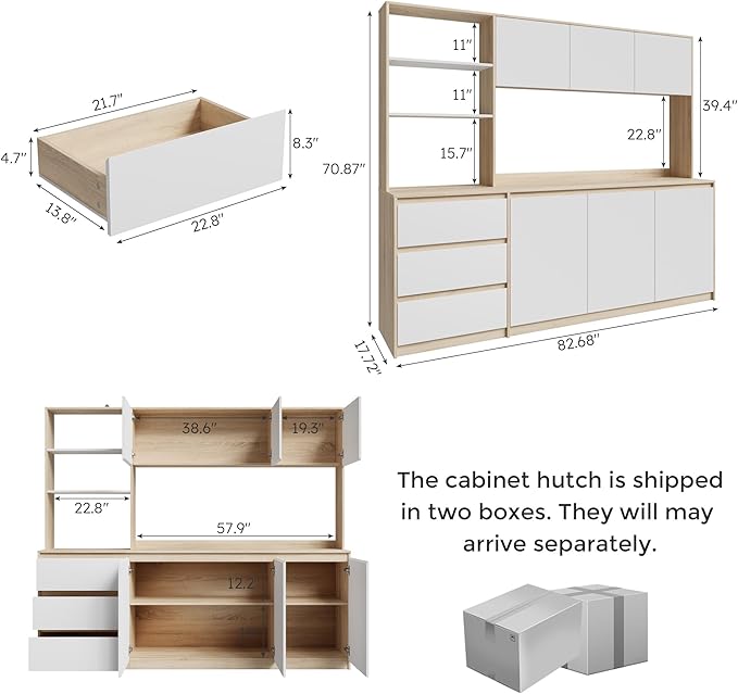Large Kitchen Hutch Cabinet with Microwave Stand, Storage Cupboard Pantry with 3-Tier External Shelves and 3 Drawers, Ktichen Food Pantry with Open Countertop for Dining Room, White + Walnut