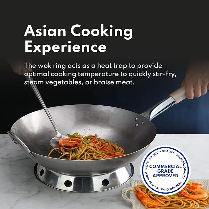 New Star Foodservice Carbon Steel Wok Set - 14" Round Bottom, Hand Hammered With Wood and Steel Helper Handle, Includes Rack/Ring and Spatula (Hand Wash Recommended)