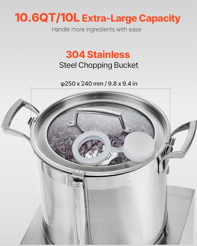 VEVOR Food Processor & Vegetable Chopper, 10.6 Quart Food-Grade Stainless Steel Food Processor Chopper with 2 Extra S-Curve Blades, Idea for Chopping Vegetables, Fruit, Grains, Nuts