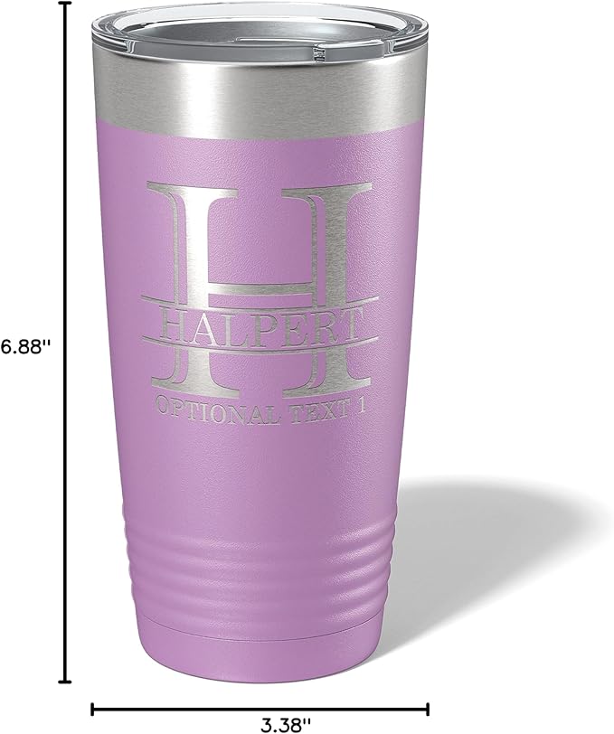 Personalized 20oz (17 Colors) Powder Coated Insulated Stainless Steel Tumbler with Lid, Custom Etched, Customized Engraved Gift Idea for Women Men Her Him, Halpert Monogram Initial Name (Light Purple)