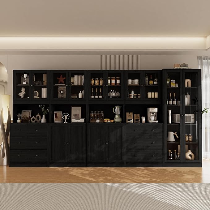 VOWNER 5PCS Bookshelf and Bookcase, 5-Tier Modern Bookshelves with 3 Large Drawer, Glass Display Cabinet with Lager Storage Shelf, Combination Storage Shelves for Home Office, (Black)