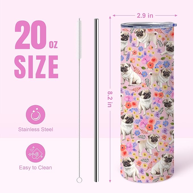 Yogusut Pug Gifts for Women, 20oz Stainless Steel Insulated Tumbler Travel Mug Cup with Lid Straw Brush, Gifts for Dog Mom Dog Lover