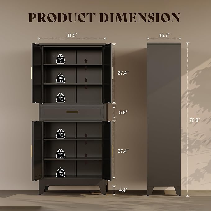 71" H Metal Kitchen Pantry Cabinet with Drawers,Black Kitchen Storage Cabinets with Doors,Tall Pantry Food Storage Cabinets,Large Freestanding Cabinets for Dining Room, Living Room