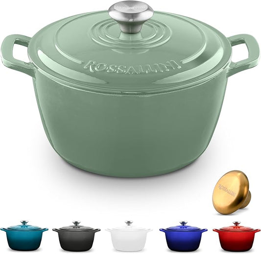 Signature Enameled Cast Iron Dutch Oven, Non-Stick Serving Pot with Tight Fitting Lid for Perfect Roasting, Baking, Sauteing, and Bread Making | 5.5Q (5.2L) - Sage