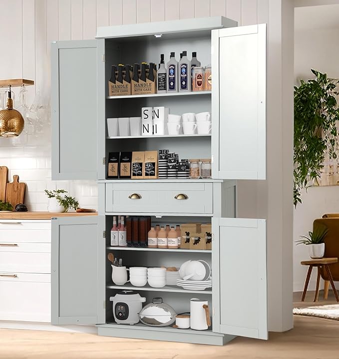 72" Kitchen Pantry Storage Cabinet, Freestanding Cupboard with 2 Cabinets, Drawer and Adjustable Shelves, Tall Storage Cabinet for Kitchen, Dinning Room, Living Room (Light Grey)