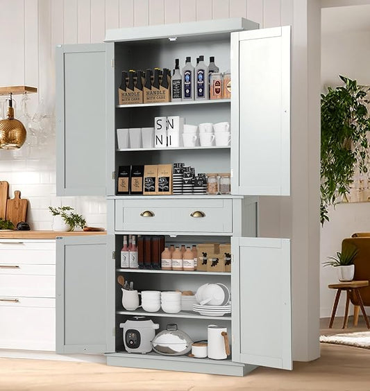 72" Kitchen Pantry Storage Cabinet, Freestanding Cupboard with 2 Cabinets, Drawer and Adjustable Shelves, Tall Storage Cabinet for Kitchen, Dinning Room, Living Room (Light Grey)