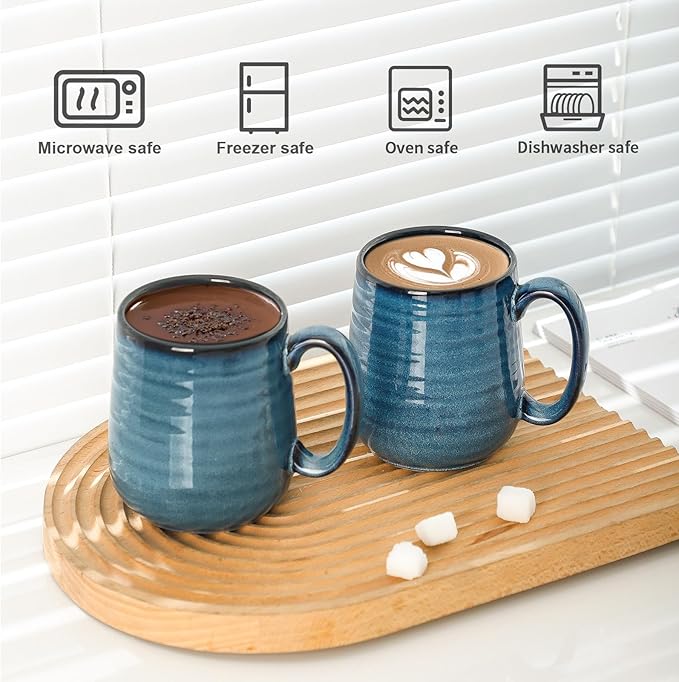 HASENSE Coffee Mugs, 15 Ounce Porcelain Mugs Set of 2 with Handle for Morning Coffee Tea and Cocoa, Ceramic Coffee Cups Gift Box with Beautiful Glaze Coasters Spoons for Men and Women, Navy