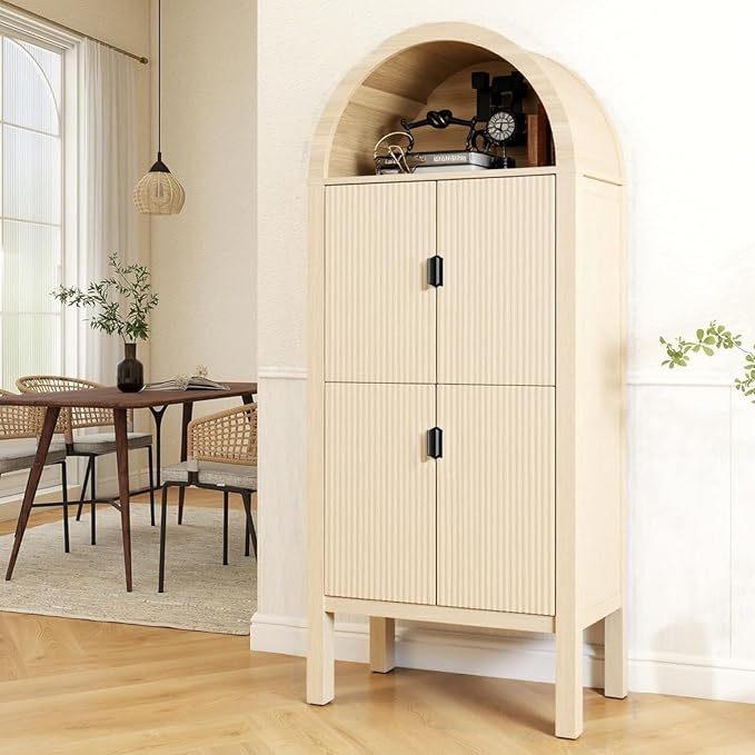 71" Tall Arched Fluted Storage Cabinet - Modern Pantry Cabinet with 4-Tier Shelves, Open Display & Sealed Storage, Accent Sideboard for Living Room Kitchen Dining Room (Natural Wood)