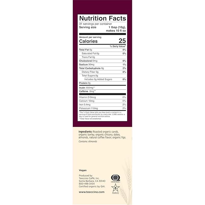 Teeccino Java Chicory Coffee Alternative - Ground Herbal Coffee That?™s Prebiotic, Caffeine Free & Acid Free, Medium Roast, 11 Ounce (Pack of 6)