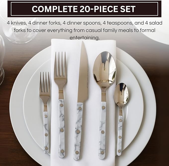 Khen 20-Piece Cutlery Set ??Includes Dinner Knives, Forks, Spoons, Salad Forks & Teaspoons ??Dishwasher Safe Cutlery Set for Home, Kitchen, Parties & Special Occasions ??Carrera Pattern Handles