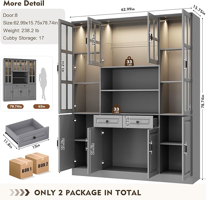 MEISSALIVVE 78.7" Tall Pantry Cabinet with LED Lights, Freestanding Kitchen Pantry with Glass Doors, Large Food Storage Cabinet, Gery (63" W x 15.7" D)