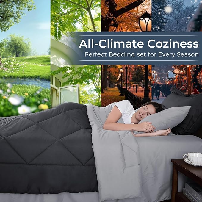 HEVUMYI King Comforter Set - 7-Piece All Season Bed in a Bag King, Ultra Soft Bedding Set with Comforter, Flat Sheet, Fitted Sheet, Pillowcases, Pillow Shams, Dark Grey & Light Grey