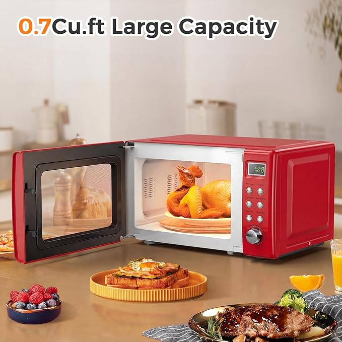ARLIME Retro Microwave 0.7Cu.ft, 700 Watt Countertop Microwave with 5 Micro Power Defrost & Auto Cooking Function, LED Display, Child Lock, Small Microwave for Kitchen, RV, Dorm (Retro Red)