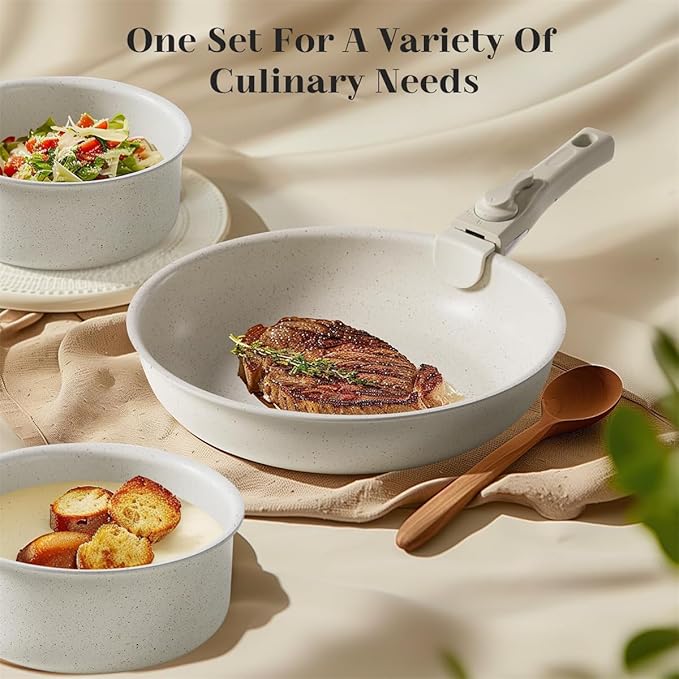 12 Pcs Pots and Pans Set, Nonstick Kitchen Cookware Sets Detachable Handle, Induction Healthy Non Stick RV Cookware, Dishwasher 竊?Oven Safe, Beige