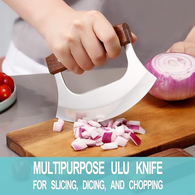 Ulu Knife - Sharp Rocker Mezzaluna Knife with Stand for Cutter Pizza, Meat, Vegetables, Herb, Salad, Stainless Steel Blade, Walnut Wood Handle, Kitchen Essentials Accessories and Gadgets Tools