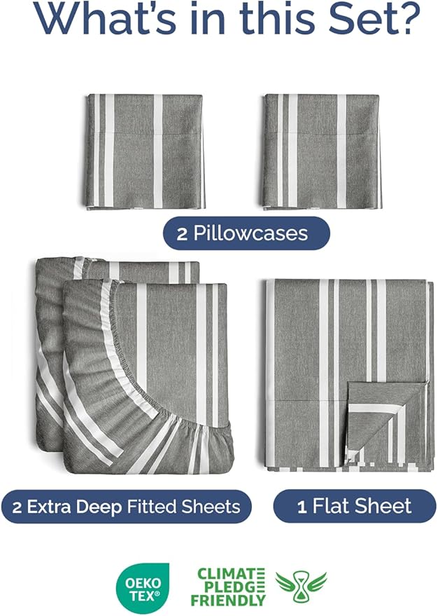 Extra Deep Pocket Split King Sheets - 5 Piece Breathable & Cooling Bed Sheets - Hotel Luxury Bed Sheet Set - Soft, Wrinkle Free & Comfy - Easily Fits Extra Deep Mattresses - Grey Striped Sheets Set
